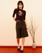 [Backorder] Chrysanthemum Quarter Sleeve Boatneck Top (Plum)