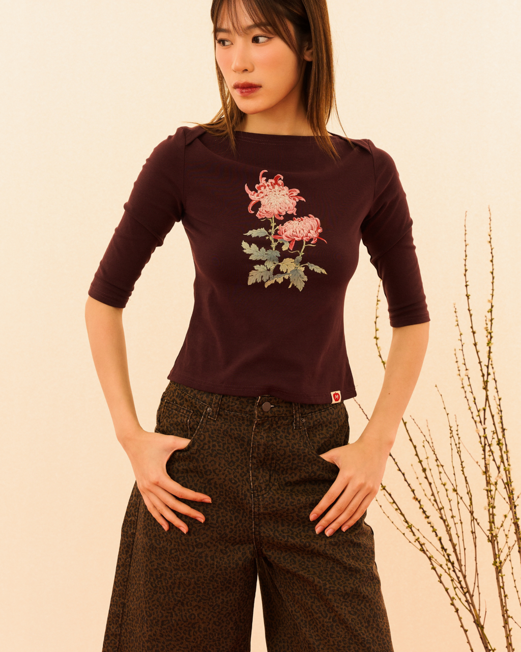[Backorder] Chrysanthemum Quarter Sleeve Boatneck Top (Plum)