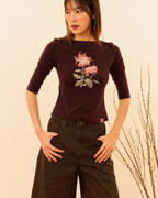 [Backorder] Chrysanthemum Quarter Sleeve Boatneck Top (Plum)