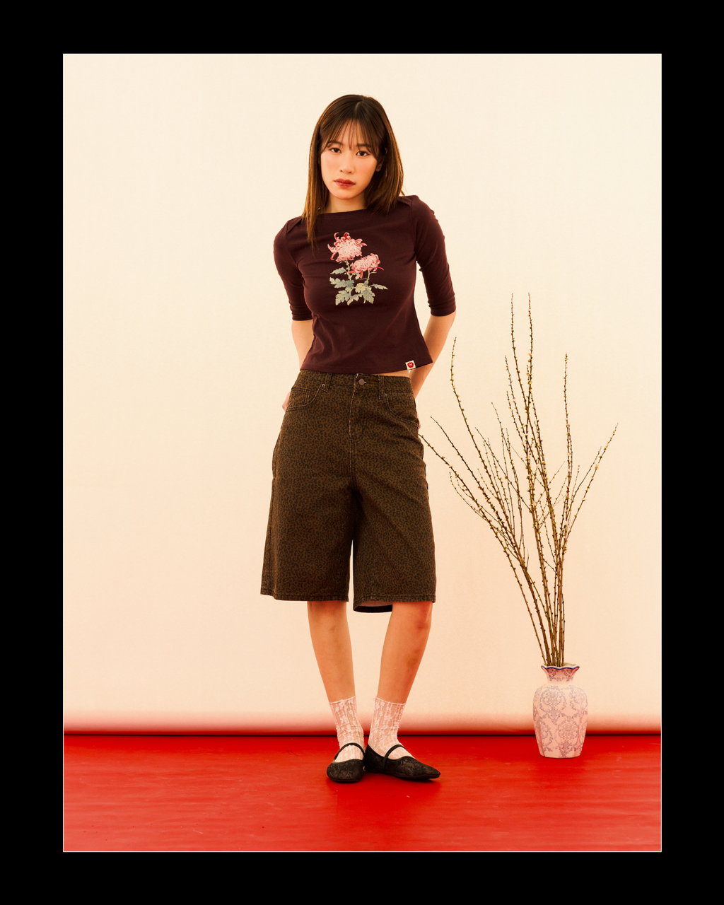 [Backorder] Chrysanthemum Quarter Sleeve Boatneck Top (Plum)