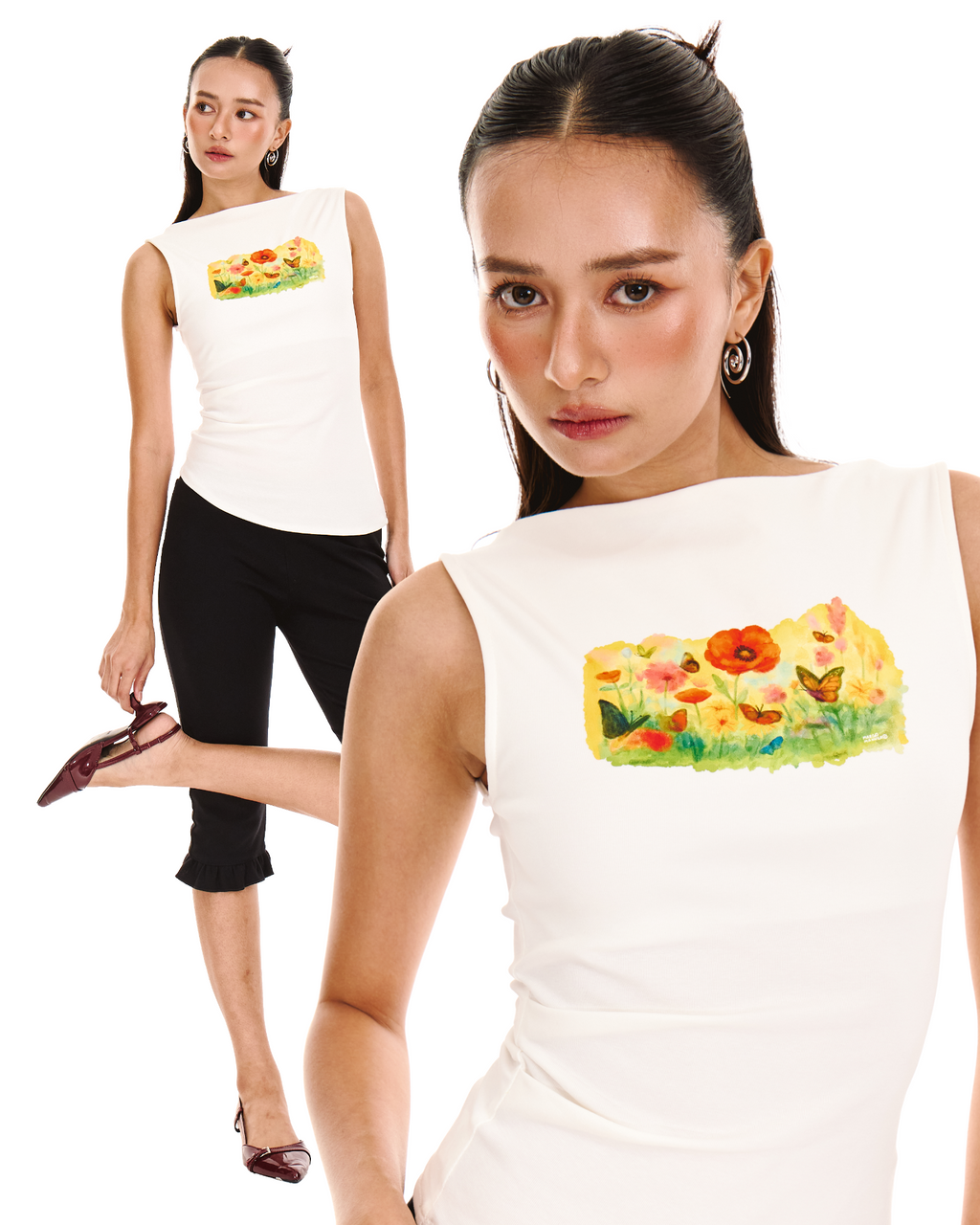 Garden Fairy Ruched Boatneck Tank (White)