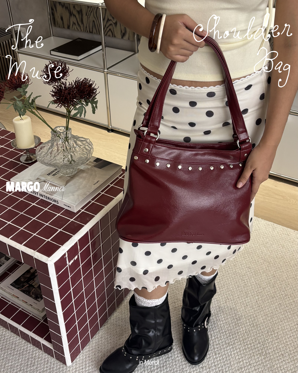Muse Studded Shoulder Bag (Merlot)