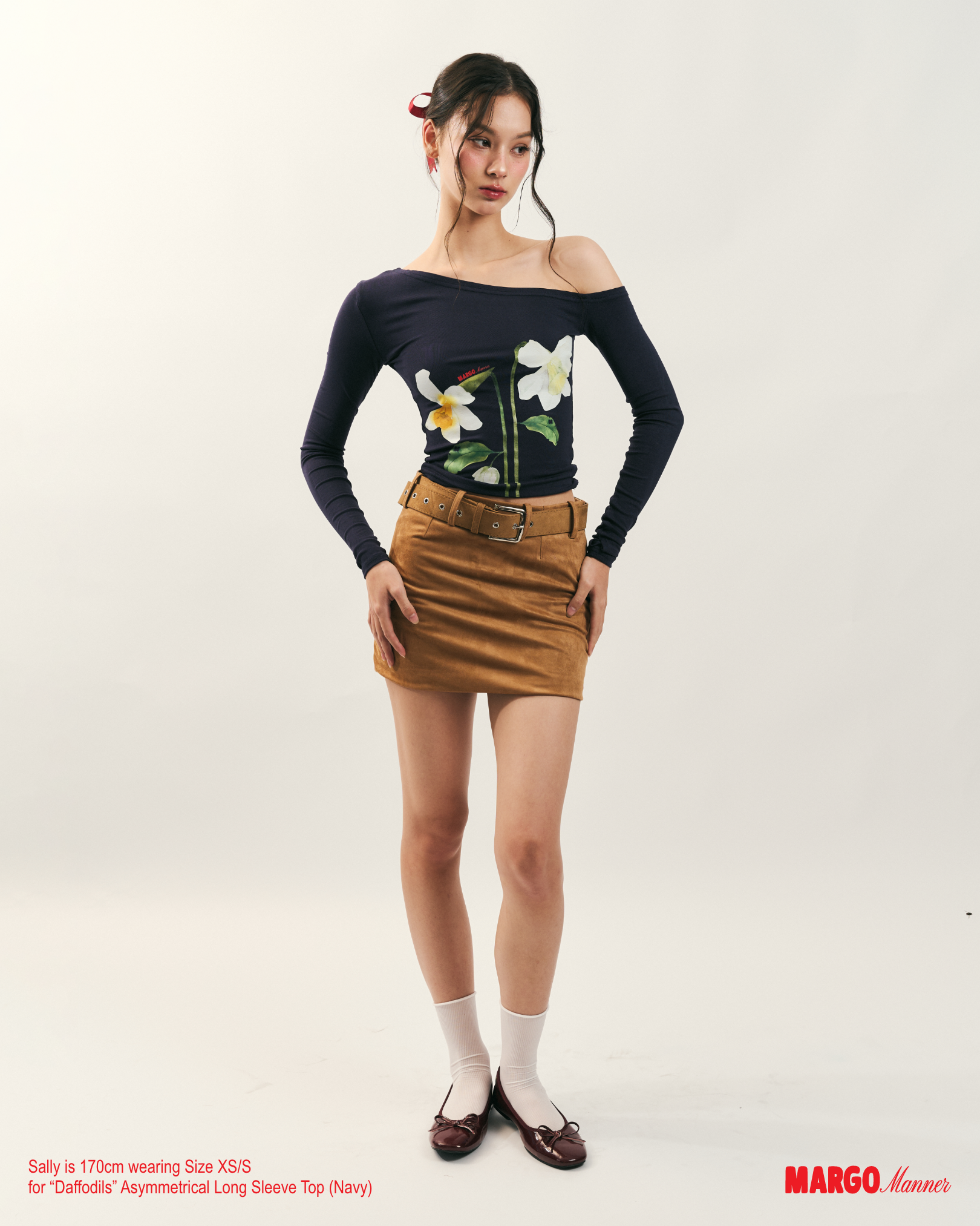 "Daffodils" Asymmetrical Long Sleeve Top (Navy)