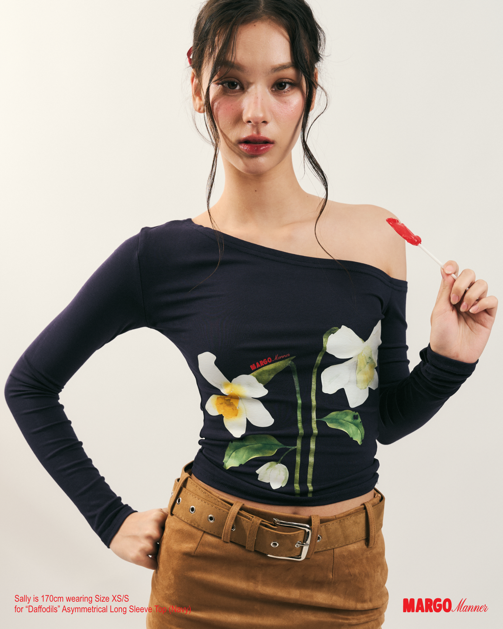 "Daffodils" Asymmetrical Long Sleeve Top (Navy)