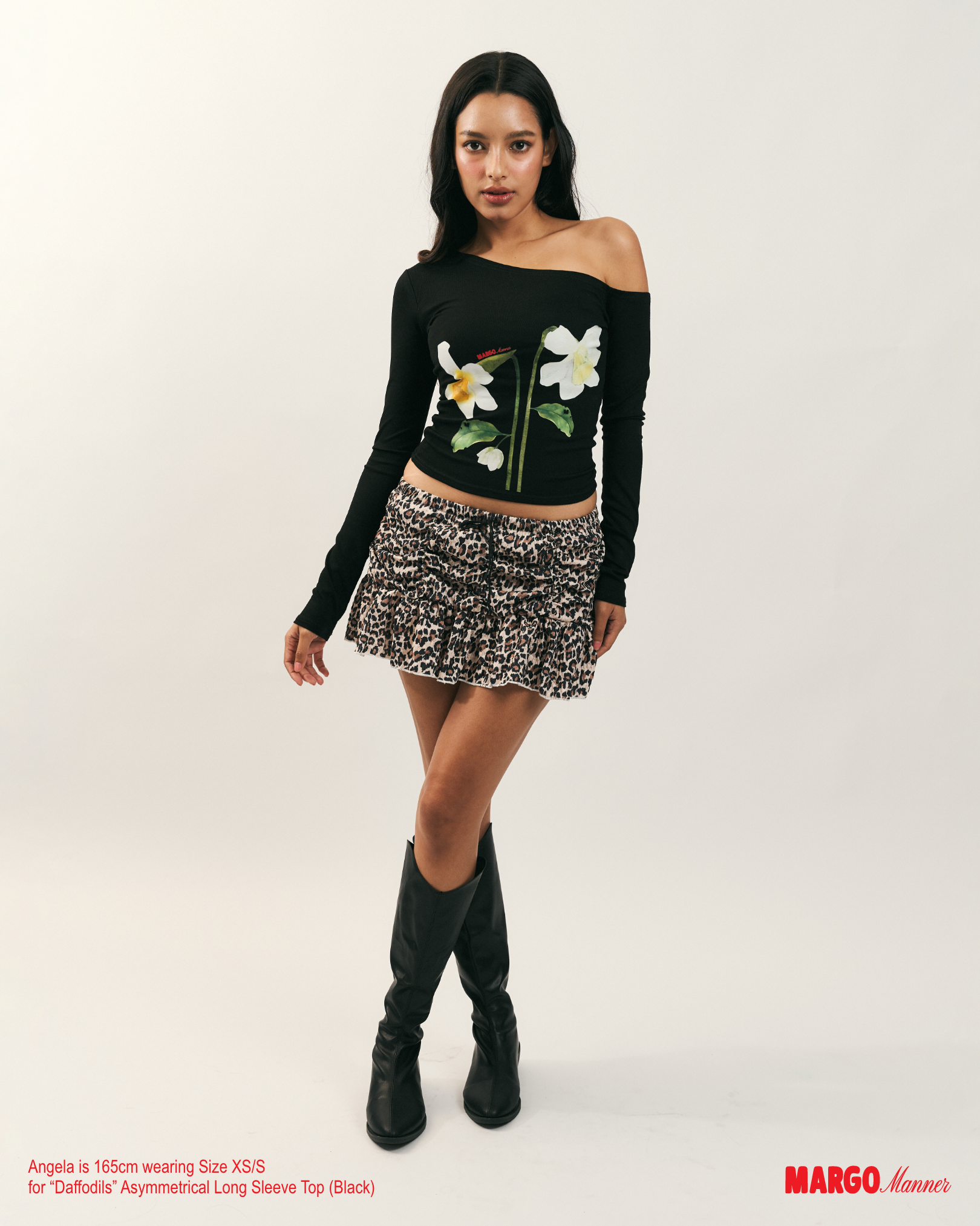 "Daffodils" Asymmetrical Long Sleeve Top (Black)