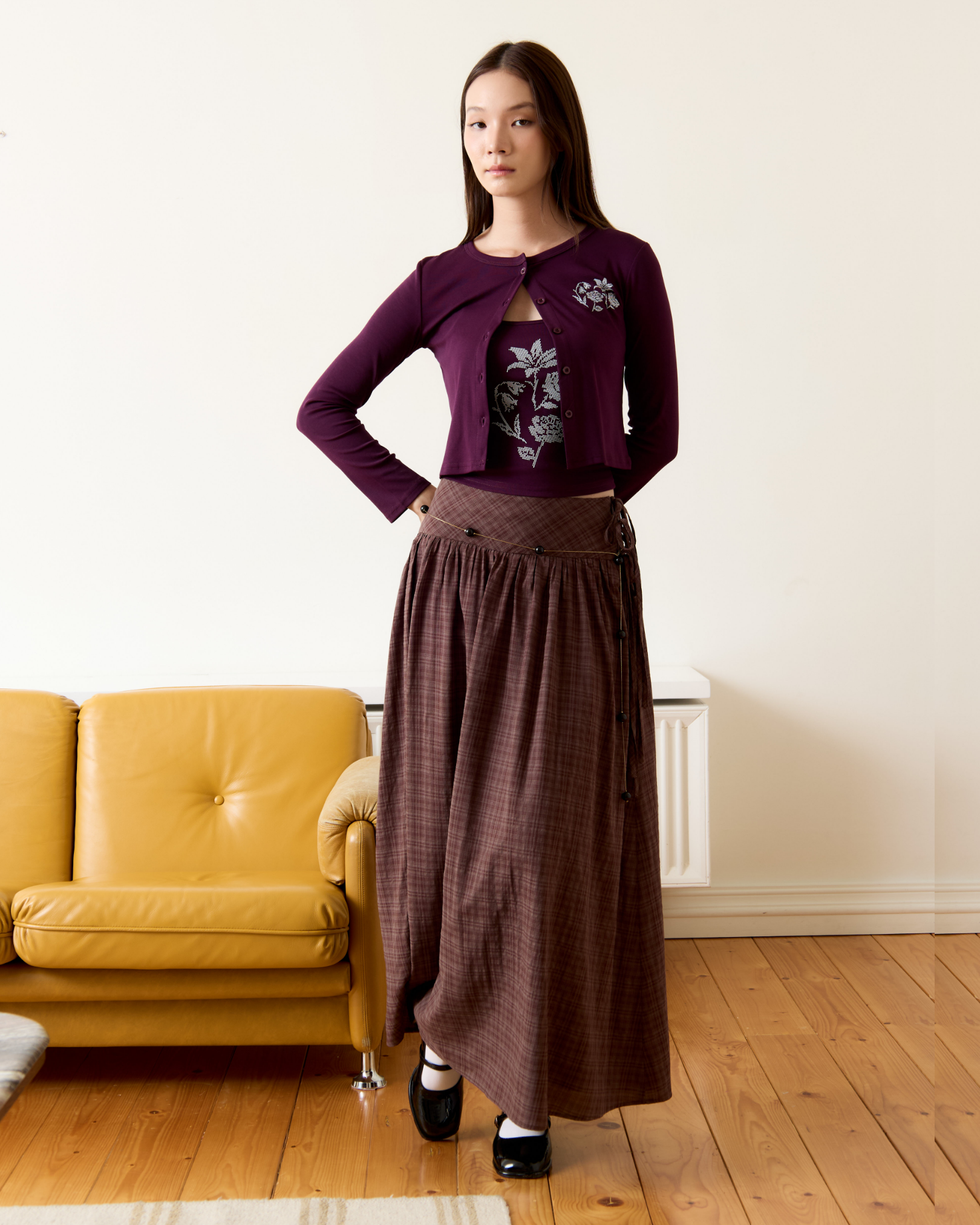 Risa Empire Waist Plaid Skirt (Brown)
