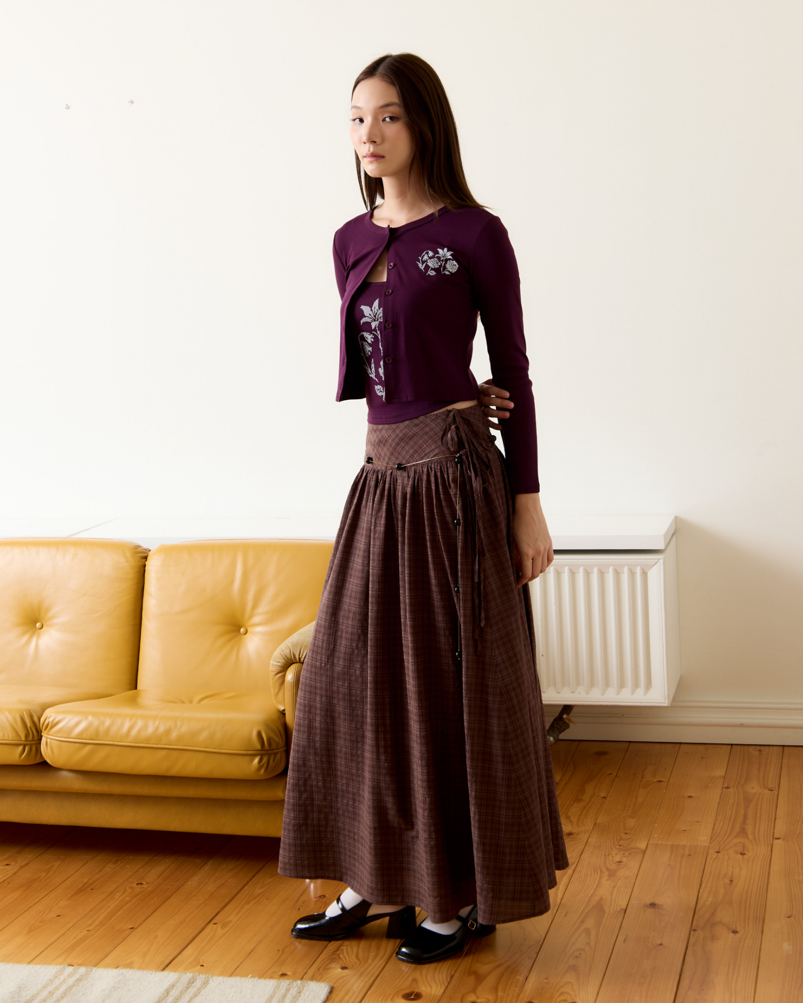 Risa Empire Waist Plaid Skirt (Brown)