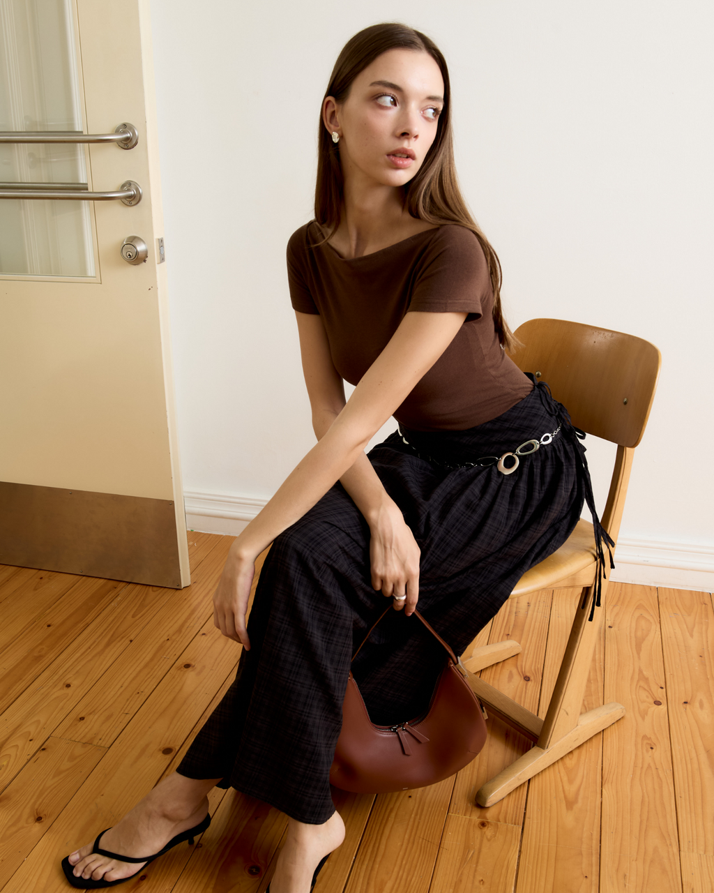 Risa Empire Waist Plaid Skirt (Black)