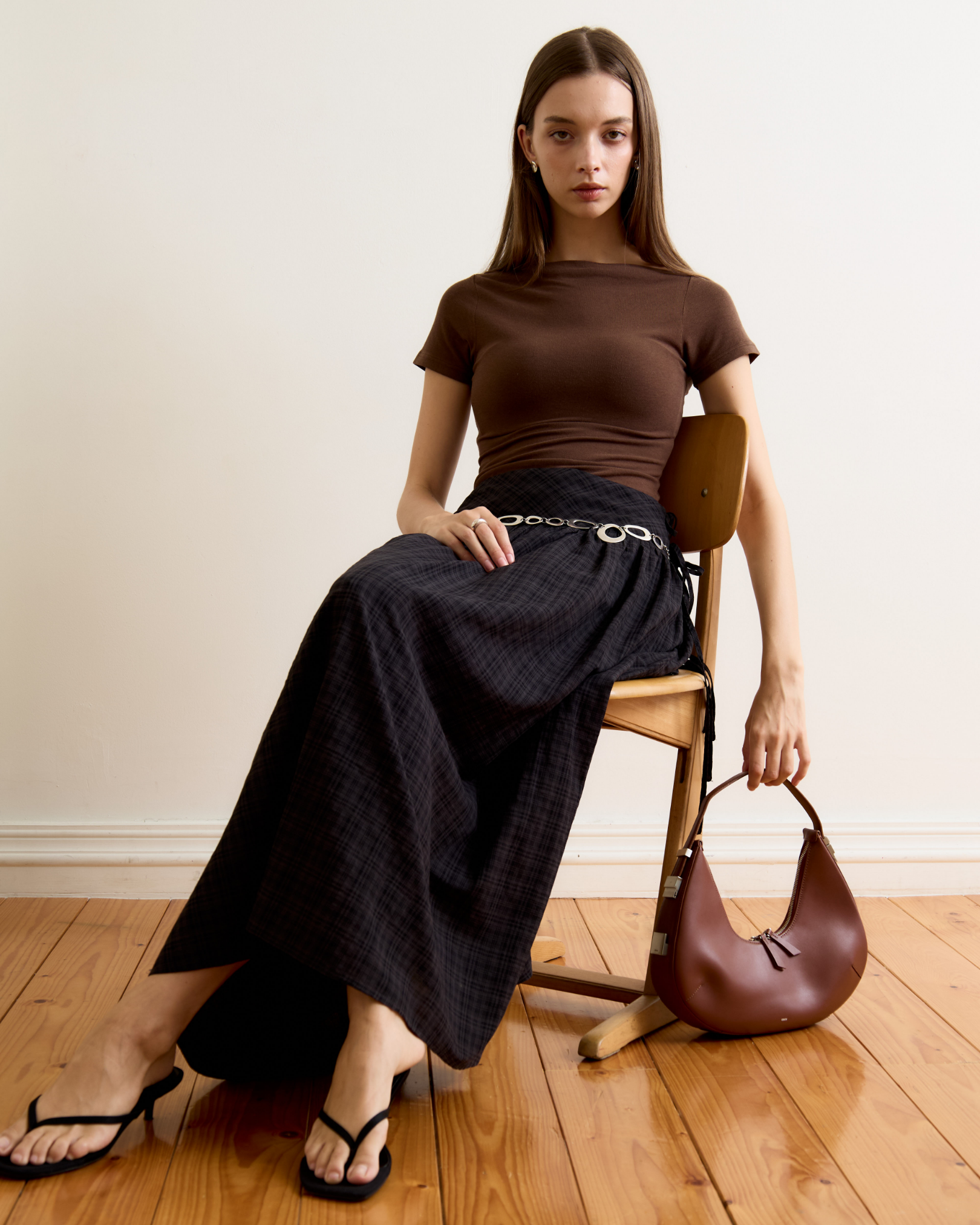 Risa Empire Waist Plaid Skirt (Black)
