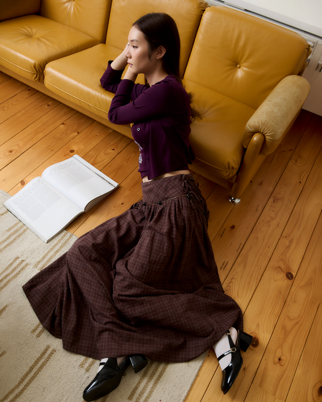 Risa Empire Waist Plaid Skirt (Brown)