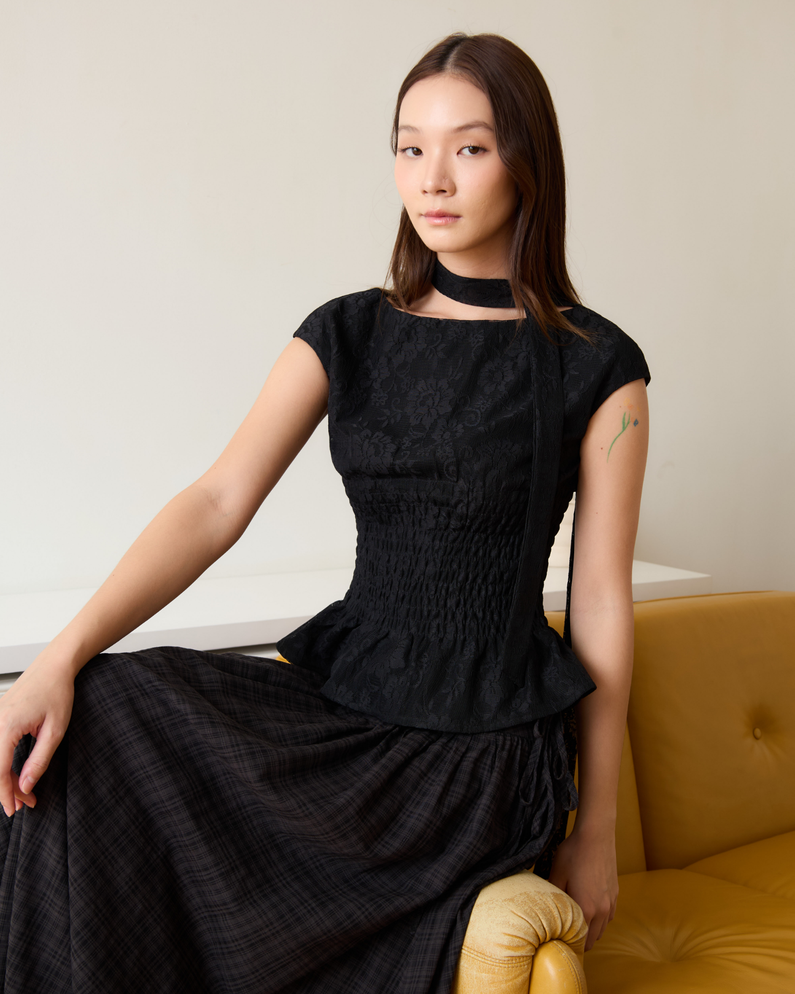 Serena Shirred Lace Top (Black)
