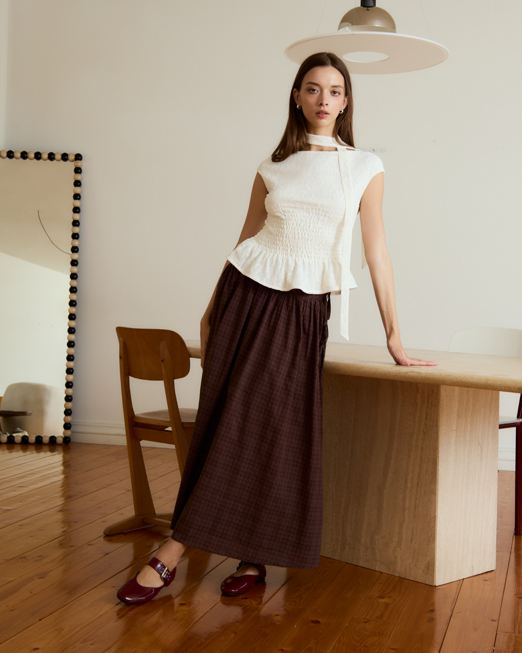 Serena Shirred Lace Top (White)