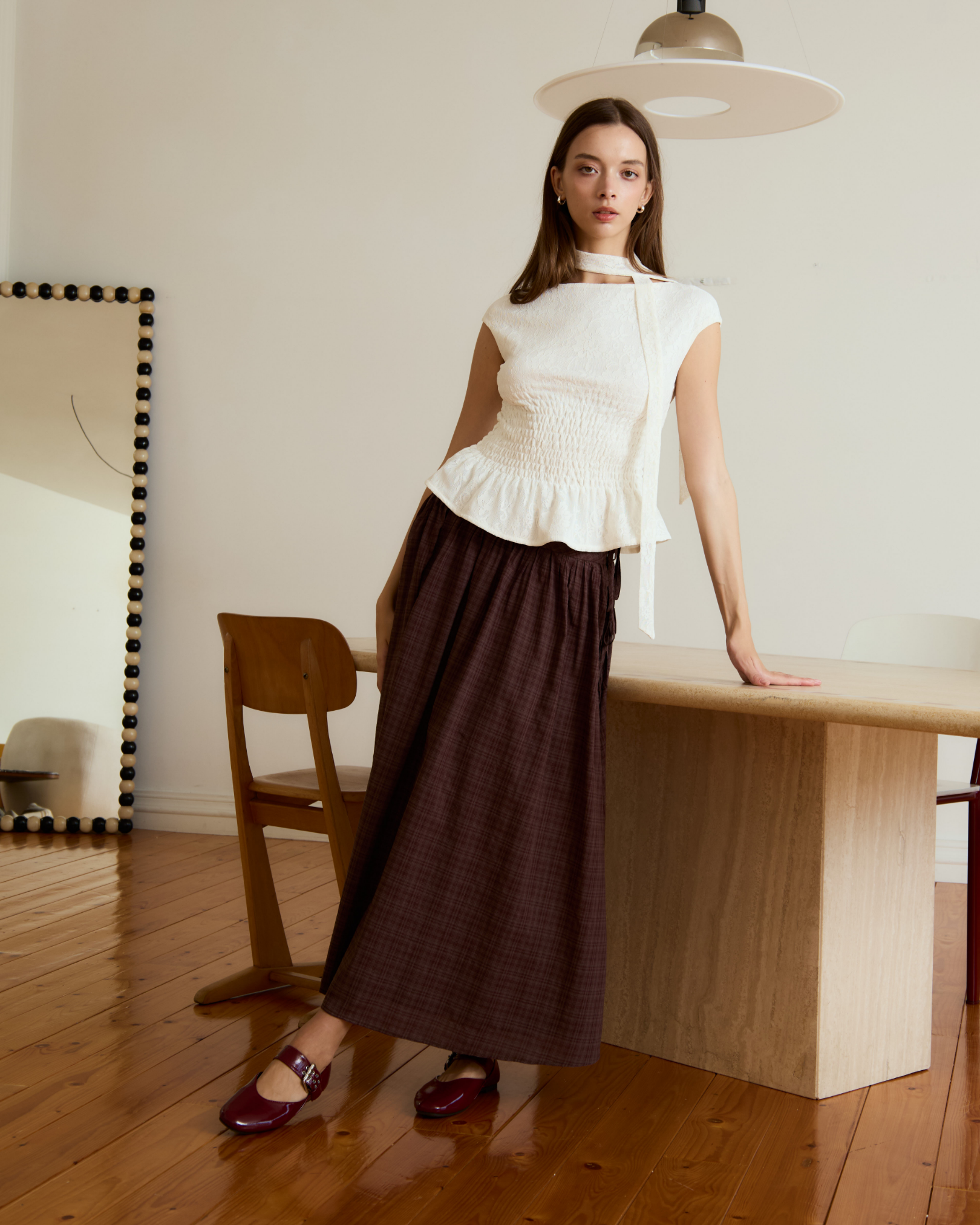 Serena Shirred Lace Top (White)