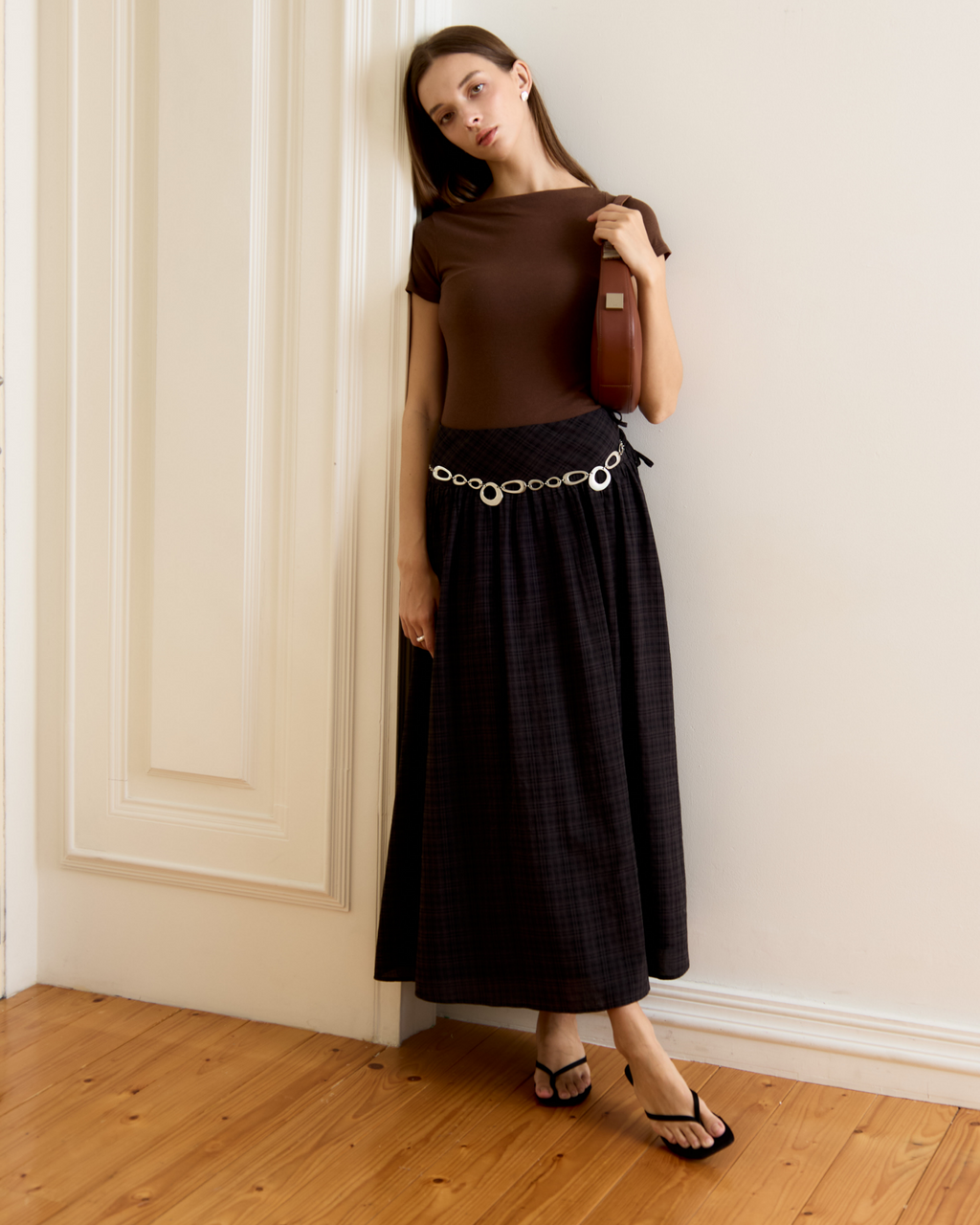 Risa Empire Waist Plaid Skirt (Black)