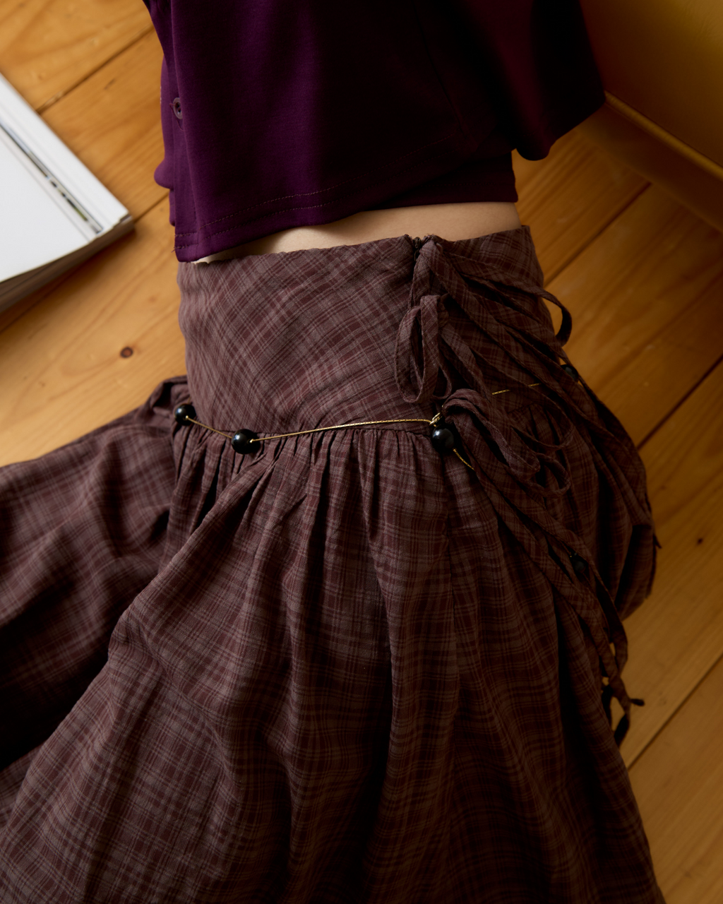 Risa Empire Waist Plaid Skirt (Brown)
